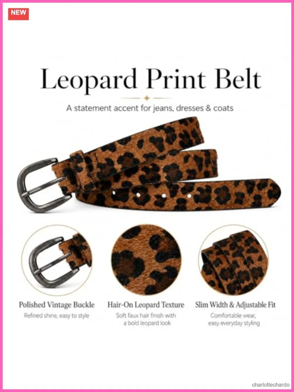 Faux Leather Skinny Belt for Women - Leopard Print Glossy Black Buckle Waist